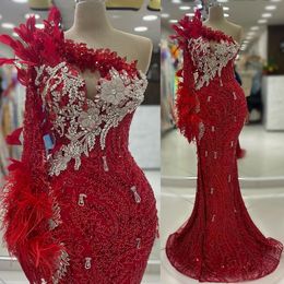 2024 Aso Ebi Red Mermaid Prom Dress Beaded Crystals Feather Evening Formal Party Second Reception 50th Birthday Engagement Thanksgiving Gowns Dresses ZJ107