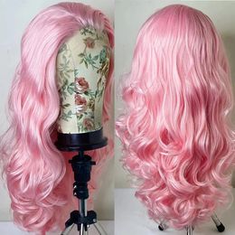 ZXBMALWIGS Pink Hair Loose wavy Lace Front Wig Free Part Synthetic Deep Wave 26Long Glueless High Temperature Fibre Cosplay 240523