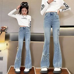 Jeans de moda para meninas com borboleta New Arrvial Kids Vintage Tight Denim Flare Pants 2024 Spring Autumn Teenage Slim Troushers L2405