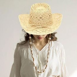 Berets Handmade Weaving Western Cowboy Straw Hat Hollow Breathable Sunshade For Outdoor Beach Men Women Paper Hats