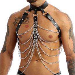 Belts Mens Fashion Night Parties Clubwear Body Shoulder Chest Belt Buckle PU Leather Harness Gay Male Punk Gothic Metal Chain Halter 241j