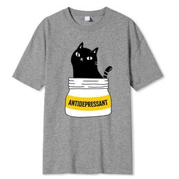 Men's T-Shirts Black Cat Eat Antidepressant Funny Print Men T Shirt Fashion Oversize T-Shirt High Quality Cotton T-Shirts Summer Short Sleeve Y240522