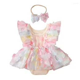 Rompers Summer Infant Baby Girls Bodysuit Dress Flower Sleeve Mesh Skirt Hem Jumpsuit Cute Clothes Headband