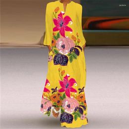 Casual Dresses 2024 Plus Size Women Dress Autumn Winter Floral Printed Maxi V Neck Long Sleeve Boho Beach Party