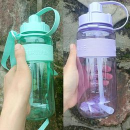 Water Bottles 1000ml 4 Candy Color Transparent Motivational Sports Nutrition Logo Straw Bottle Leak-proof Cup For Office Gym Hiking