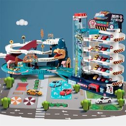 Diecast Model Car Electric Rail Dinosaur Building Parking Lot Adventure Racing Toys Children Brain Mechanical Interactive 220830 Frmas