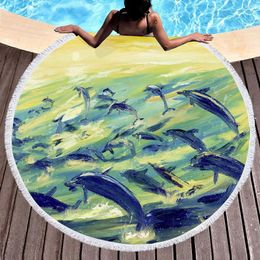 Towel Dolphin Abstract Art Round Beach Blanket Polyester Sand Resistant Absorbent Quick Dry Pool Portable Picnic Mat