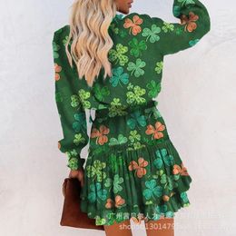 Casual Dresses Wepbel Mini Dress V-neck High Waist A-line Summer Women St Patrick's Day Clover Long Sleeve Fashion Party