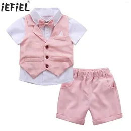 Clothing Sets Toddler Baby Boys Gentleman Suit Short Sleeve Tuxedo Bow Tie Shirt Tops With Vest Shorts Formal Birthday Wedding Party Outfits