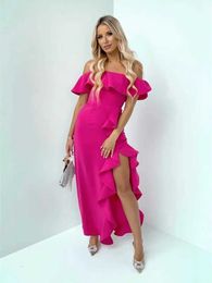 Basic Casual Dresses 2023 New Ruffles Off Shoulder Dress Women Ruched Asymmetrical Summer Dresses Side Split Wedding Party Dresses Bodycon Robe T240523