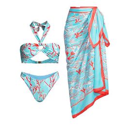 Women's Swimwear Ocean Print Neck Bikini Sexy Cutout Halter Swimsuit Fashion 2024 WomenS Long-Slved Blouse Beachwear Irregular Strap Cover T240523