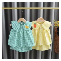 Sets Summer Baby Girl Cute Fruit Cotton Girls Plaid Sweet Princess 2pcs Suit Children's Clothing Kids Vestidos F24523 s