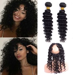 Peruvian Human Hair Extensions 360 Lace Frontal With 2 Bundles Deep Wave Virgin Hair Wefts With Closure 360 Frontal Pre Plucked Deep Cu Khsm