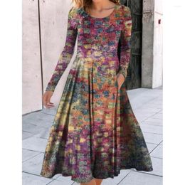 Casual Dresses Women's Loose Fitting Round Neck Long Sleeved Autumn And Winter Elegant Women Printed Large Swing Dress S-3XL