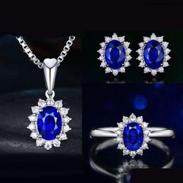 Earrings & Necklace Blue Red Yellow Green Purple White Zircon Crown Set Ring Earring Pendant Female Drop Delivery Jewellery Sets Dhs1I