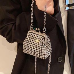Drawstring Luxury Diamond Bag For Women 2024 Designer Shiny Rhinestones Evening Clutch Trend Mini Crossbody Phone Clip Shell Purse