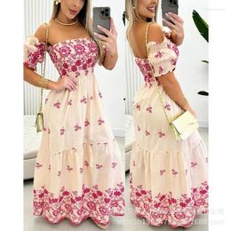 Party Dresses Floral Print Shirred Off Shoulder Maxi Dress Women Long Loose High Waist Short Sleeve Summer Sexy Flower