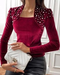 Women's T Shirts Ladies Elegant Celebrity Shirt Beaded Velvet Asymmetric Neck Top 2024 Spring Latest Fashion Casual Long Sleeves Daily