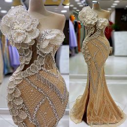 2024 Aso Ebi Champagne Illusion Mermaid Prom Dress Florals Evening Formal Party Second Reception 50th Birthday Engagement Thanksgiving Gowns Dresses ZJ117