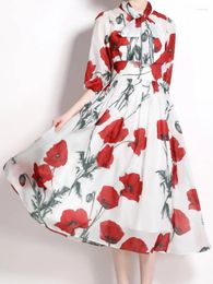 Party Dresses Summer Floral Print Chiffon For Women Office Ladies Temperament High Waist Scarf Collar Midi Clothing 2024