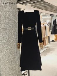 Casual Dresses Winter Commute Style Square Collar Long Sleeve Slim-Fit Fishtail Dress Black Velvet High Waist Lace-up For Women