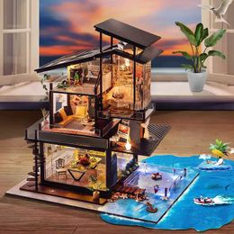 Doll House Accessories Diy Wooden Dollhouse Miniature Building Kit Valencia Coast Large Casa Doll House With Furniture Led Lights Toys For Aldults Gift Q240522