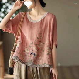 Women's Blouses Cotton Linen Embroidered Floral Chinese Classic Loose Shirt Top Casual Retro O Neck Short Sleeve Summer Shirts