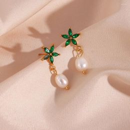 Stud Earrings Super Dainty Zircon Stainless Steel Orchid Flower Waterdrop Freshwater Pearl For Woman Green Crystal Earring