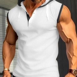 Men's Tank Tops Mens summer vest retro handsome casual simple solid color buttons hooded V-neck sleeveless chic top Y240522
