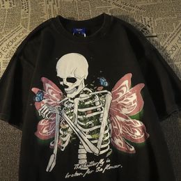 Y2K American Retro Street Skull Butterfly Printed Short-Sleeved T-shirt Brand Loose Men and Women Half-Sleeved Tops 240510