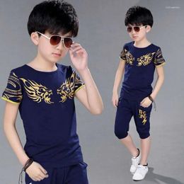 Clothing Sets 2024 Boy Suit Summer Children's Cotton Casual T-shirt Shorts 2 Piece Boys Set Dragon Pattern For 6 8 10 12 Years