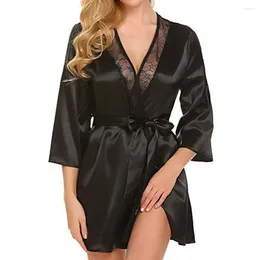 Women's Sleepwear Women Solid Color Satin Cardigan Lace Up Tight Waist Lady Nightie Female Intimate Clothes