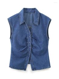 Women's Blouses XNWMNZ 2024 Fashion Gathered Denim Shirt Women High Street V-neck Sleeveless Front Button Versatile Female Top