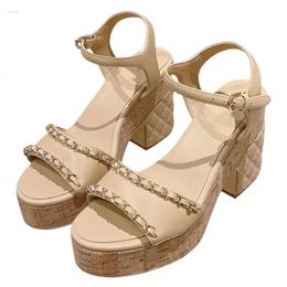 Elegant Summer Platform Sandals Women Chunky Sandal Designer Chain Shoe High Block Thick Heel Open Round Toe Genuine Leather Ankle ccf