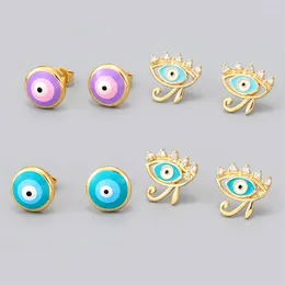 Stud Earrings Copper Colorful Round Turkish Eye For Women Men Ethnic Shiny Zircon Eyelashes Blue Ear Charm Jewelry XE70