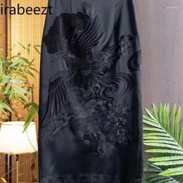 Skirts Women's Black High Waist Heavy Industry Chinese Style Embroidery Light Luxury Elegant Split Mid Length Skirt Lady's Clothing