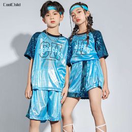 Hip Hop Boys Sequin T-shirt Shorts Girls Tee Street Dance Skirts Summer Clothes Sets Kids Jazz Outfits Child Costume Streetwear L2405