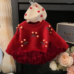 Clothing Sets Girls' Christmas Sweater Autumn/Winter Knitted Coat Red Flower Cherry Pattern Baby Clothes 12 Colors Children's Top