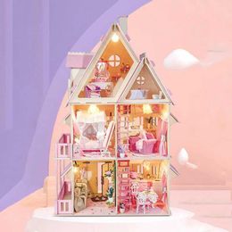 Doll House Accessories DIY Large Wooden Doll House Mini Furniture Set Sweet Princess House Assembly Toys Childrens and Girls Christmas Gift Casa Q240522