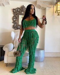 Tassel Hollow Out Beach Two Piece Set Women Sexy See Through Hand Crochet Knitted Suit Lace Up Bra Top Trouser Outfits 240517