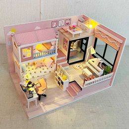 Doll House Accessories Diy Wooden Princess Room Casa Minimature Building Kits Doll House with Furniture Lights Girls Birthday Gift Doll House Toys Q0522