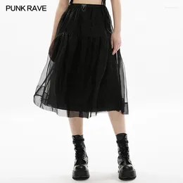 Skirts PUNK RAVE Women's Dark Two Wear Slip Mesh Dress Metal Skull Triangular Flag Decoration Micro Elastic Lining Black