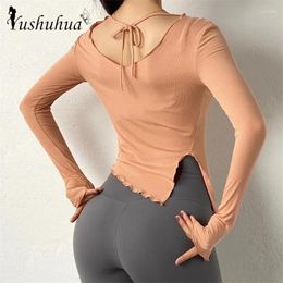 Active Shirts Sexy Sports Tops For Gym Women Long Sleeve Bandage Fitness Yoga Slim Side Open Activewear Exercise Running T-shirts