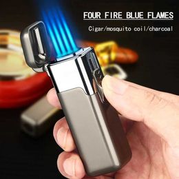 Lighters Metal Torch Windproof Cigar Butane Lamp Four Fire Blue Flame Jet Adjustable Luxury Cigar Accessories Mens Gift Q240522