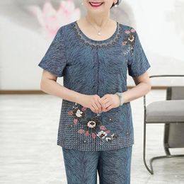 Women's Two Piece Pants Mom T-shirt Suit Grandma Elegant Floral Print Set For Elderly Women Summer Short
