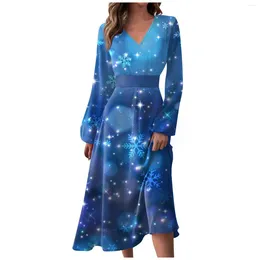 Casual Dresses Women's Autumn And Winter Fashion V-neck Long Sleeve Christmas Print Women Strapless Gathered Midi Dress