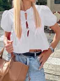 Women's Blouses Kawaii Babydoll Shirts Sweet Girls Short Puff Sleeve Tie-Up Front Peplum Tops Summer Round Neck Loose Y2k Ruffle T-Shirt