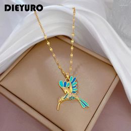 Pendant Necklaces DIEYURO 316L Stainless Steel Blue Hummingbird Bird Necklace For Women Fashion Girls Clavicle Chain Jewelry Birthday Gift