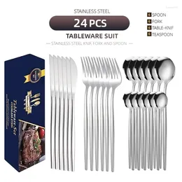 Dinnerware Sets 24pc/pack Titanium Plated Gold Gift Box Stainless Steel Knife Fork Spoon Tableware Flatware Set Festival Kitchen