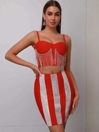 Two Piece Dress Womens Summer Celebrity Sexy Diamond Red Sparkling Mini Body Bandage Ski Set 2024 Elegant Nightclub Party Set J240523